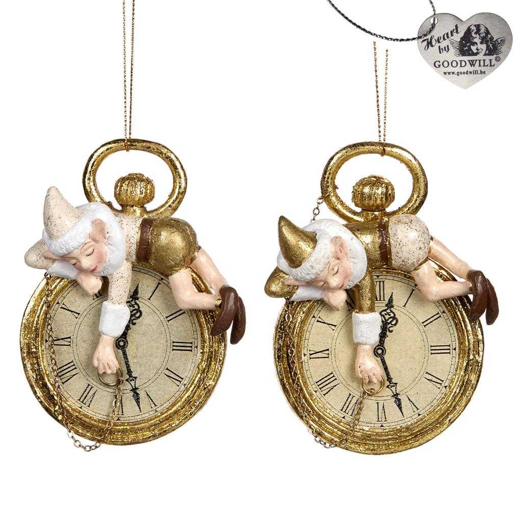 Goodwill Belgium Elf On Clock Ornament 2 Assorted B 94455