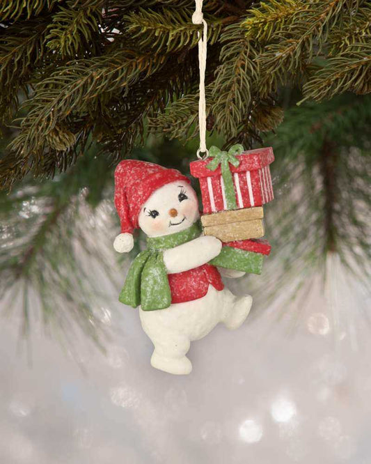 A fabolous decoration to buy in UK - KL8010 Bethany Lowe  Snowman With Presents Ornament