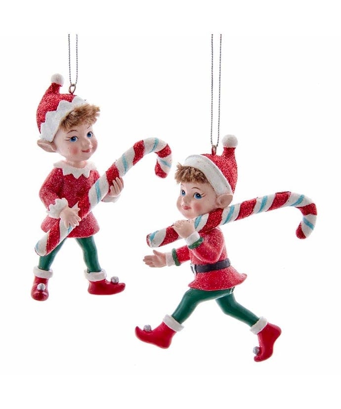 Kurt Adler 4" Resin Elf With Candy Cane Ornament 2 Assorted E0428