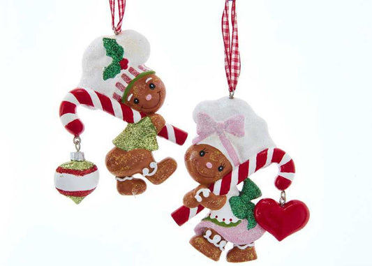 Kurt Adler H5592 Gingerbread With Cane Boy Girl Ornament2 Assorted