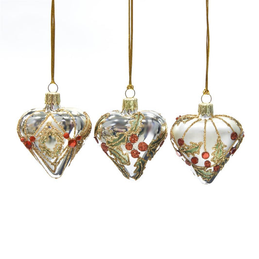 For sale in UK Glass Mini Jewel Holly Heart Ornament 3 Assorted